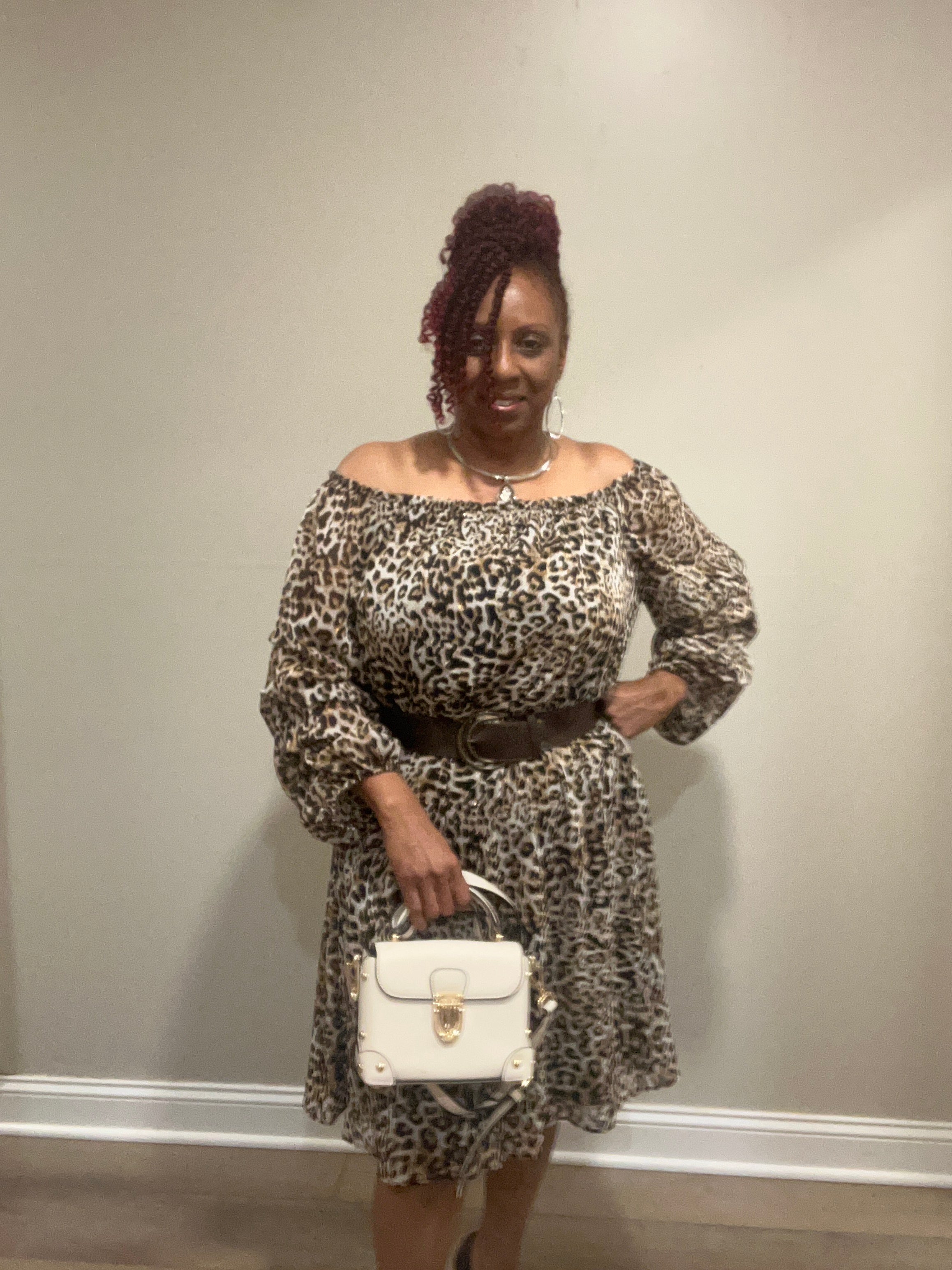 off shoulder khaki dress Cheetah on/off with Layered Sleeves – Ramonia's Petite Boutique Chloé Cashmere Sweater Midi Santorini style dress Color:#46-Strong Coffee fitting silhouette gently contours