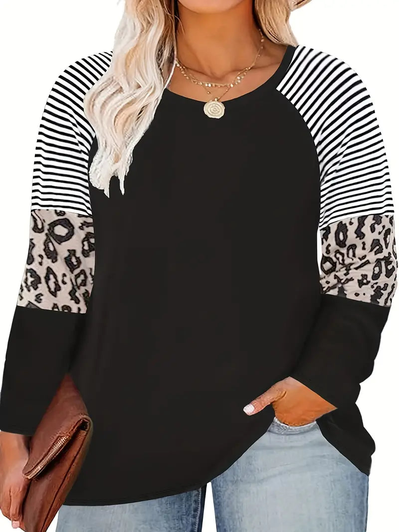 Plus Size Leopard and Stripe Print Long Sleeve T-shirt