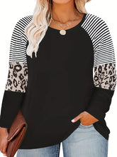 Load image into Gallery viewer, Plus Size Leopard and Stripe Print Long Sleeve T-shirt
