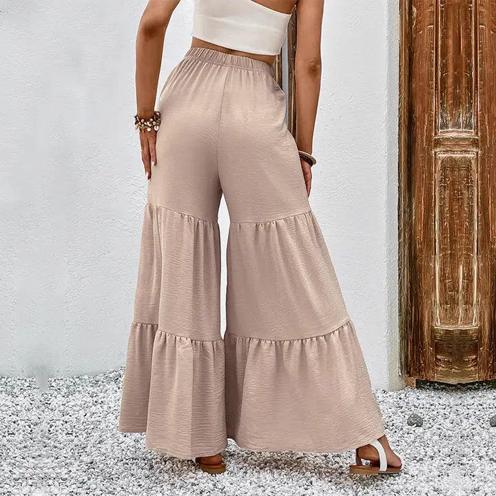 Beige Wide Leg Elastic Waist Boho Flowy Trousers