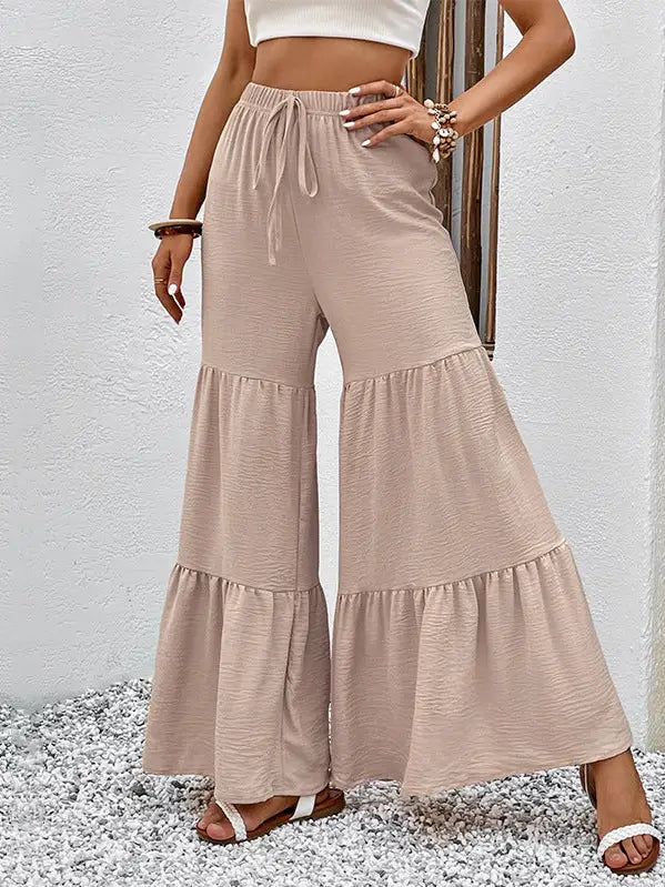 Beige Wide Leg Elastic Waist Boho Flowy Trousers