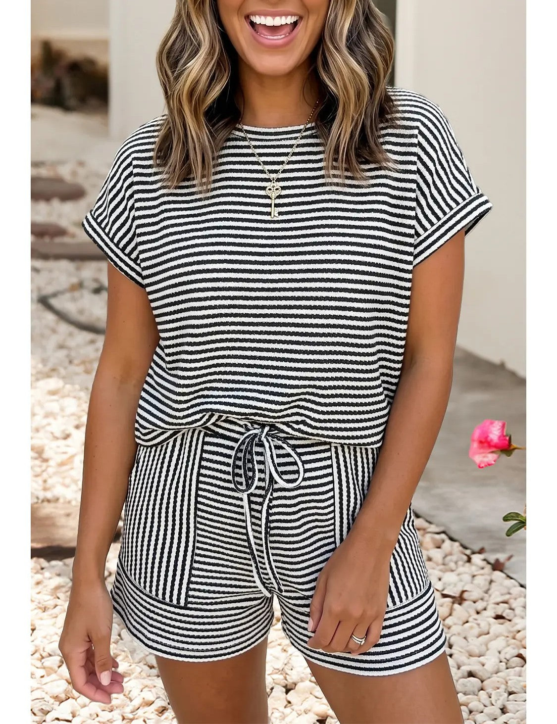 Black Stripe Textured Short Set