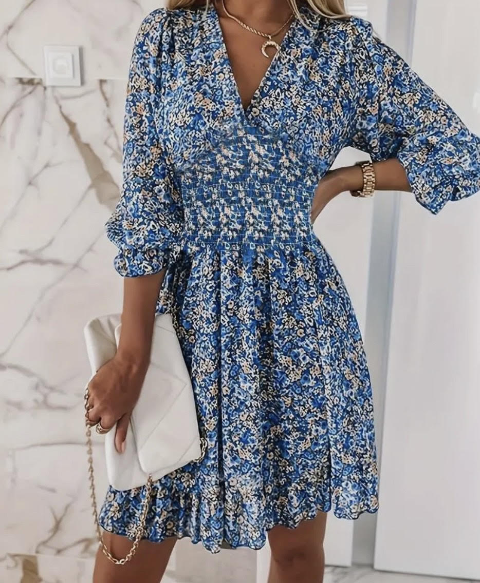 Boho Print Short Sleeve Floral Mid-length Dress