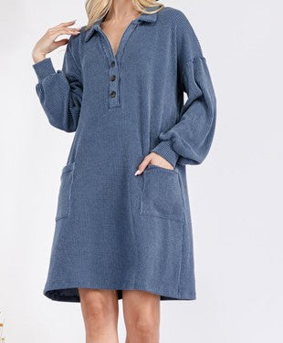 Collared Long Sleeve Urban Ribbed Dress