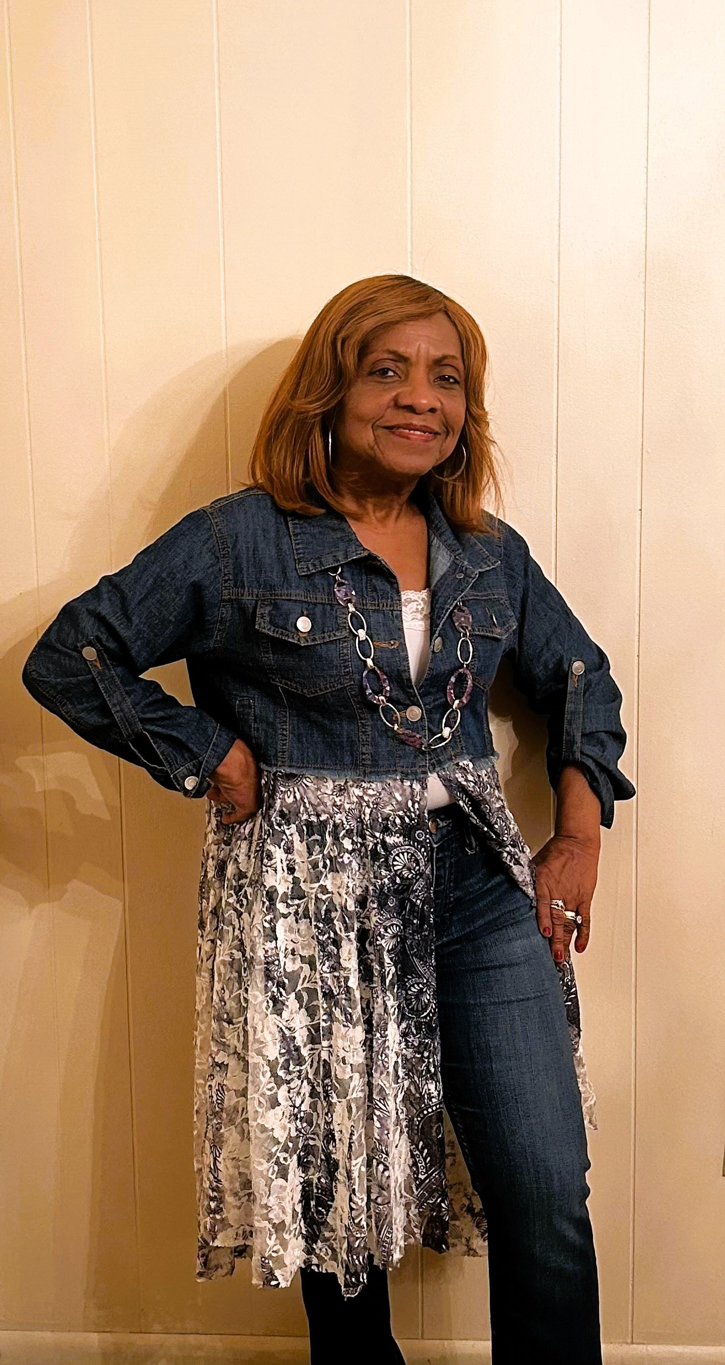 Denim Blue Jean Cardigan with Lace Bottom