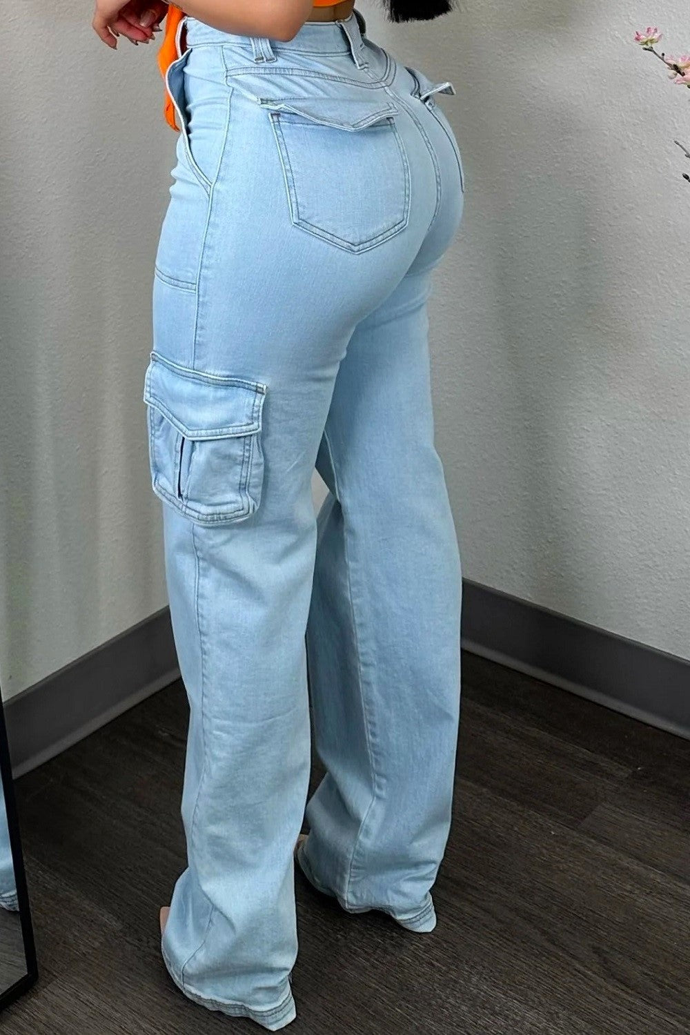 High Rise Light Blue Washed Wide Leg Cargo Jeans