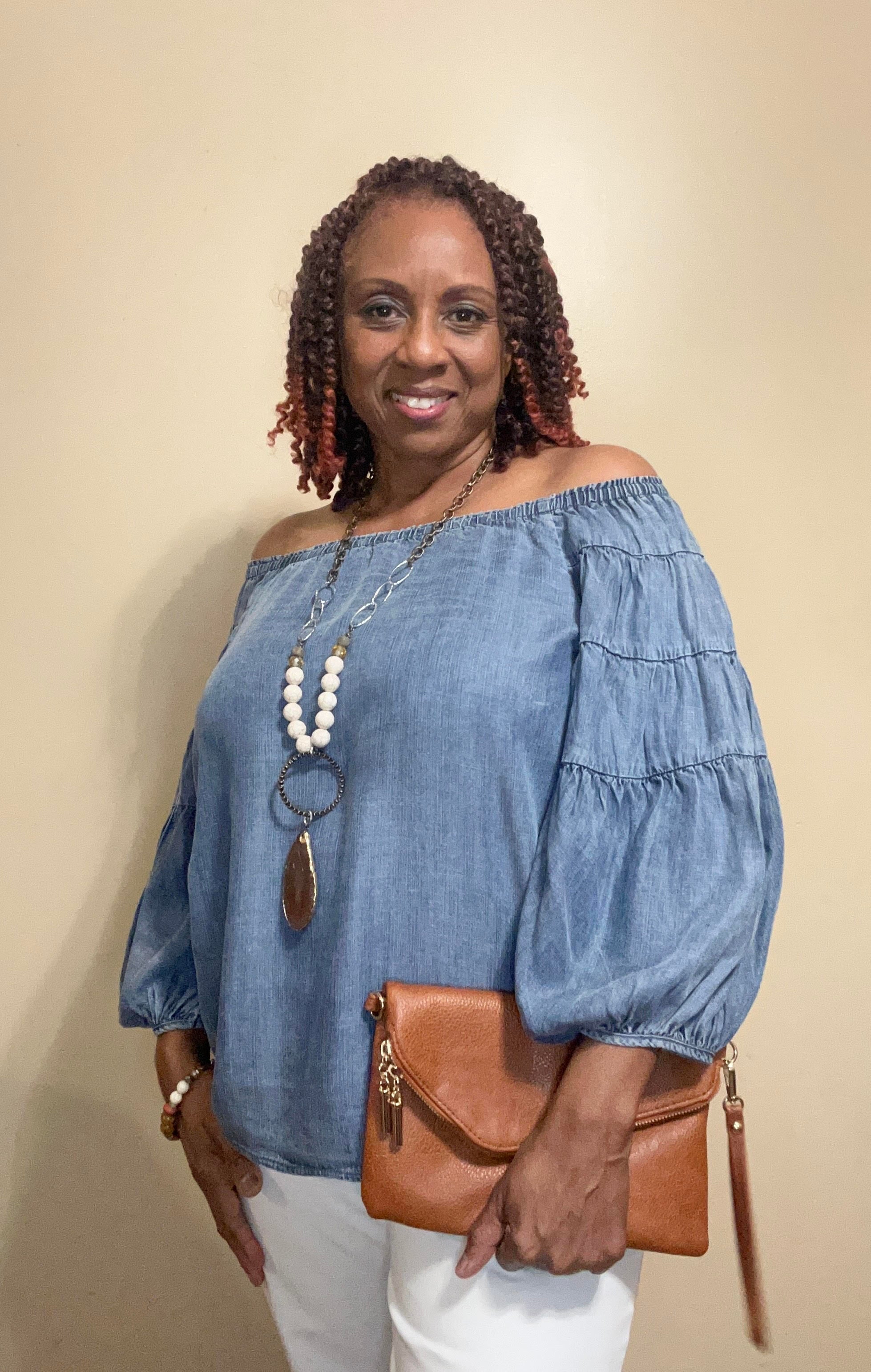 Medium Wash on/off Shoulder Denim Top w/ Flounce Sleeve