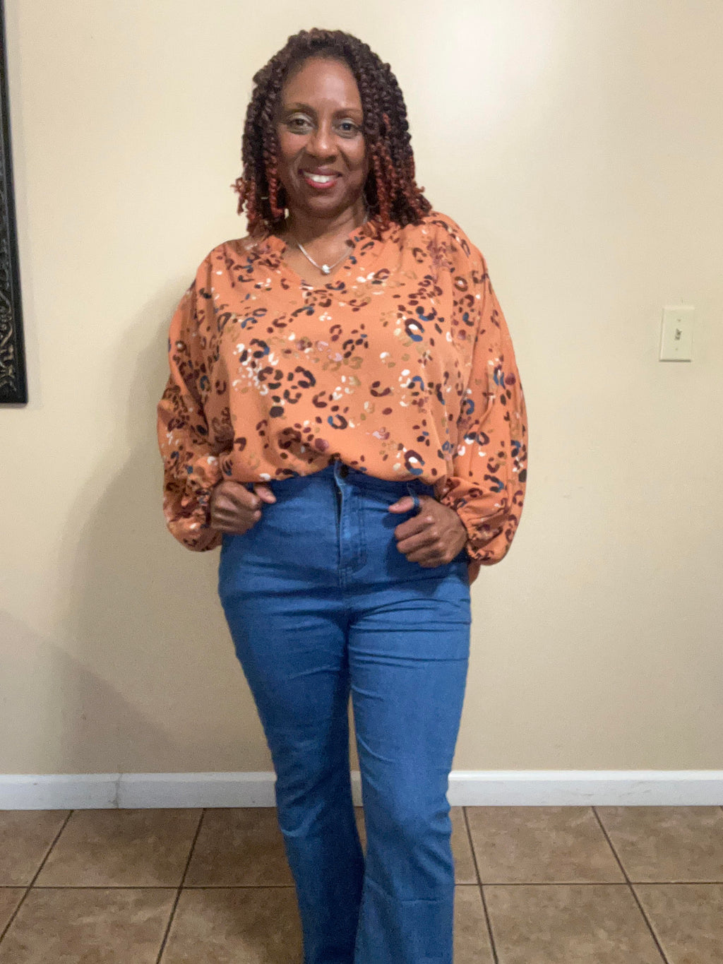 Rust Long Sleeve Top w/ Neck Shirring