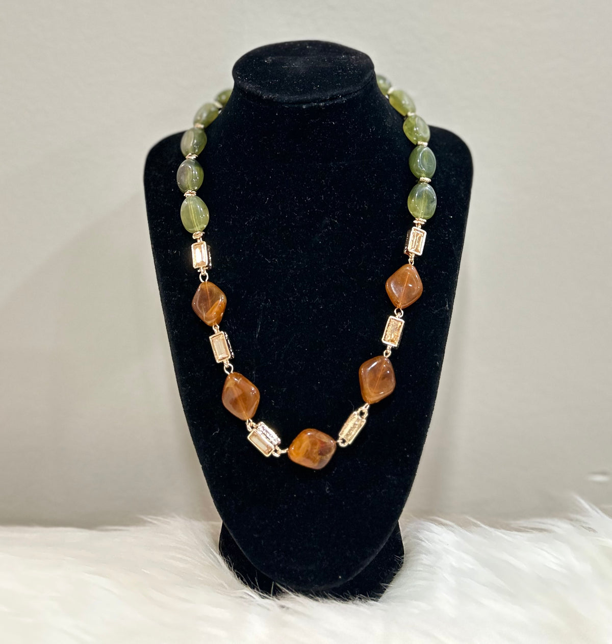 Green/Brown Necklace w/ Gold Stones