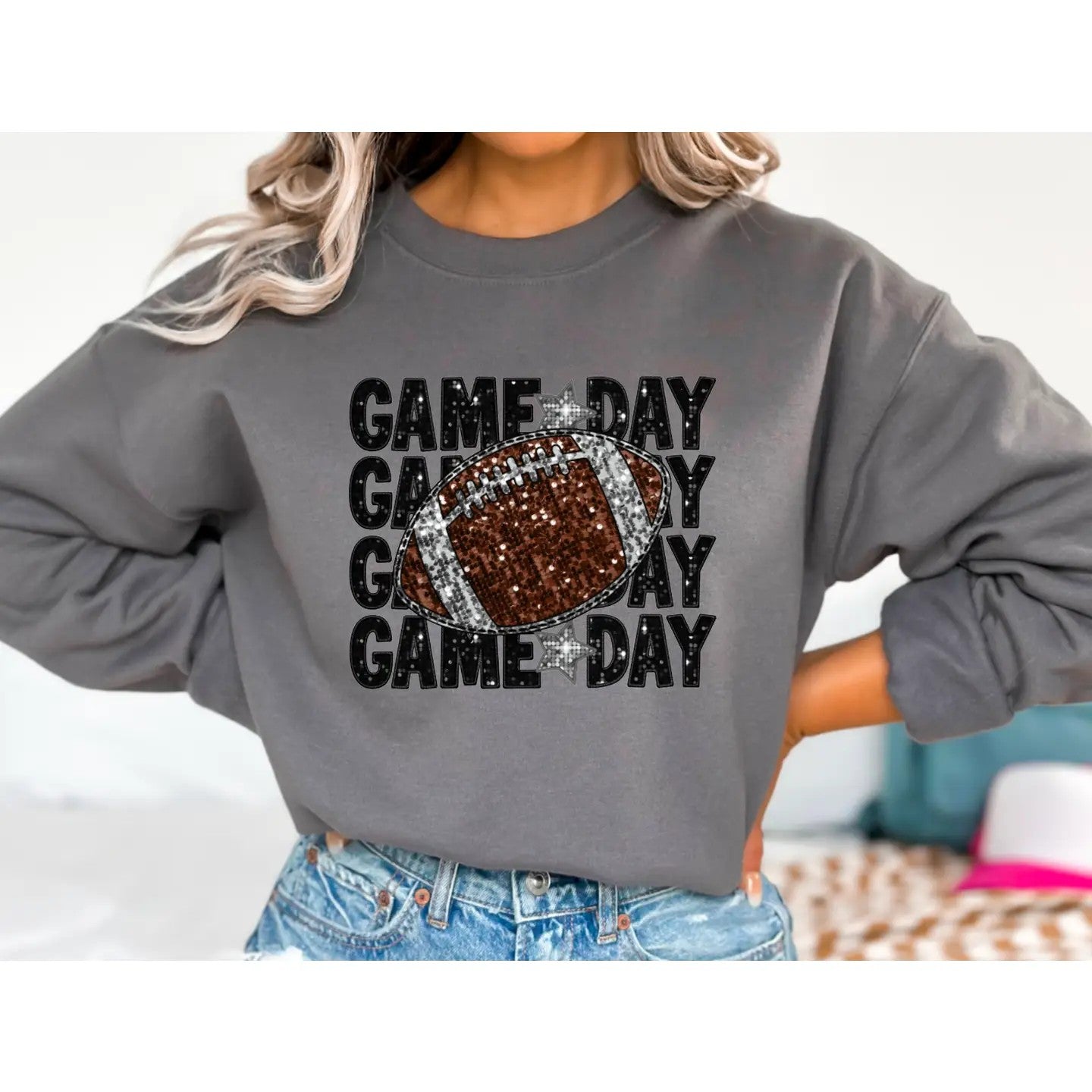 Faux Sequins Football Gameday Sweatshirt