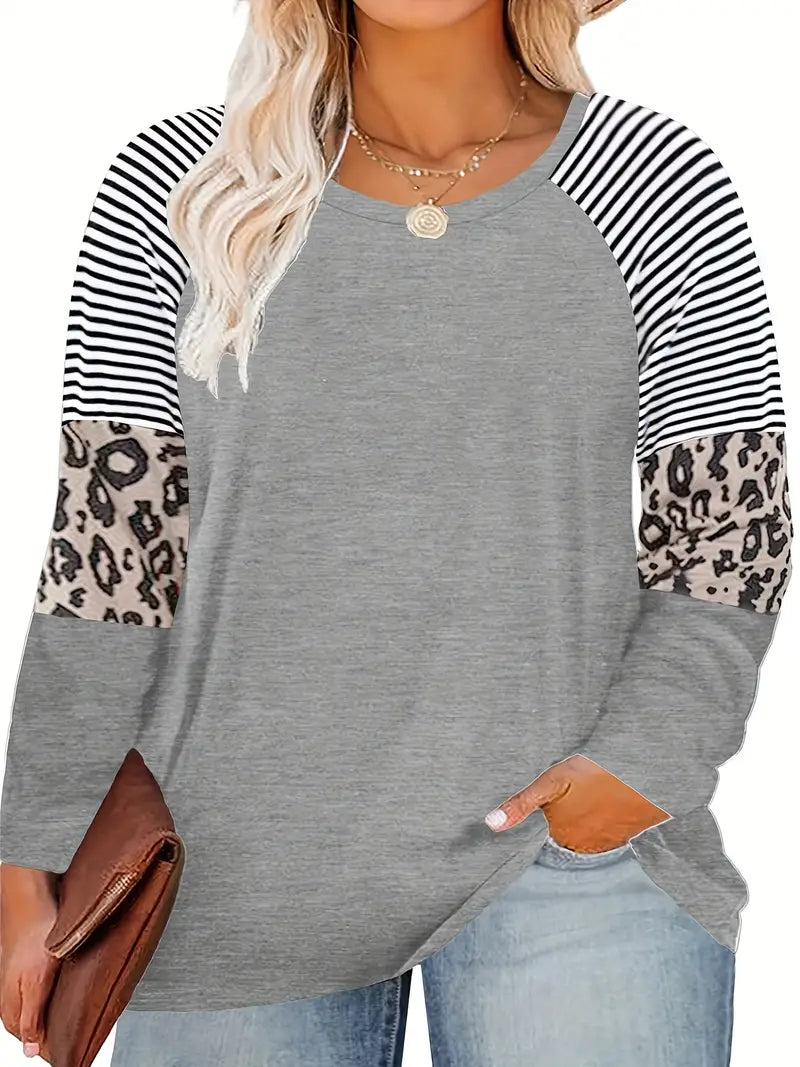 Plus Size Leopard and Stripe Print Long Sleeve T-shirt