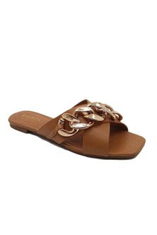 Tan Gold Chain Flat Open Sandals