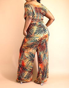 Green Off Shoulder Wrap Around Pants Set w/ Leaf Print