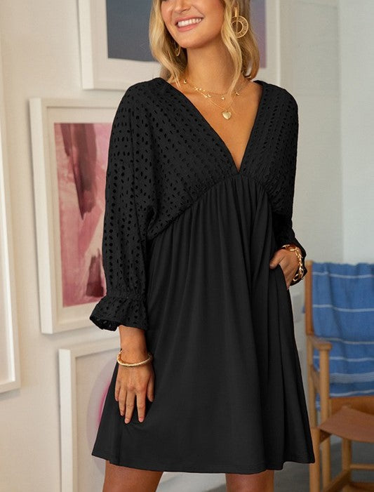 Black V-Neck Dress with Bodice Eyelet