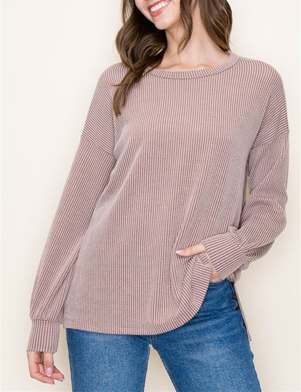 Ribbed Long Sleeve Crew Neck Pullover Knit Top