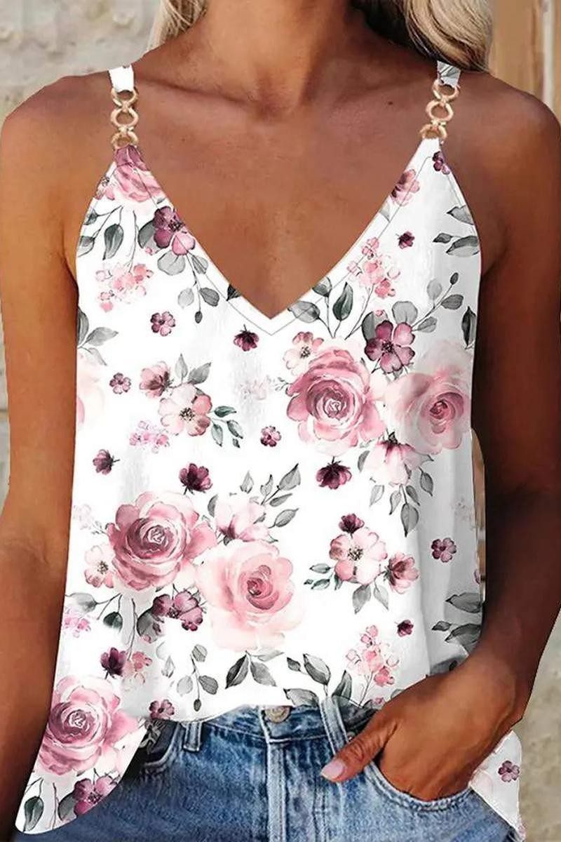 V-Neck Floral Print Chain Strap Top