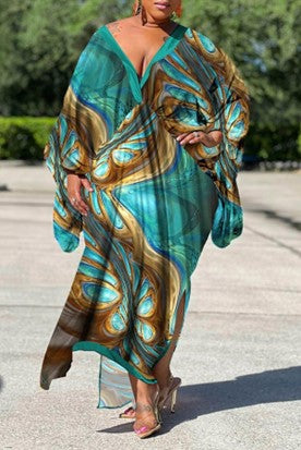 Plus Multi-Color Long Sleeve Maxi Dress