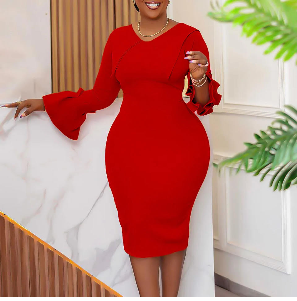 Red Long-sleeve Fitted Dress