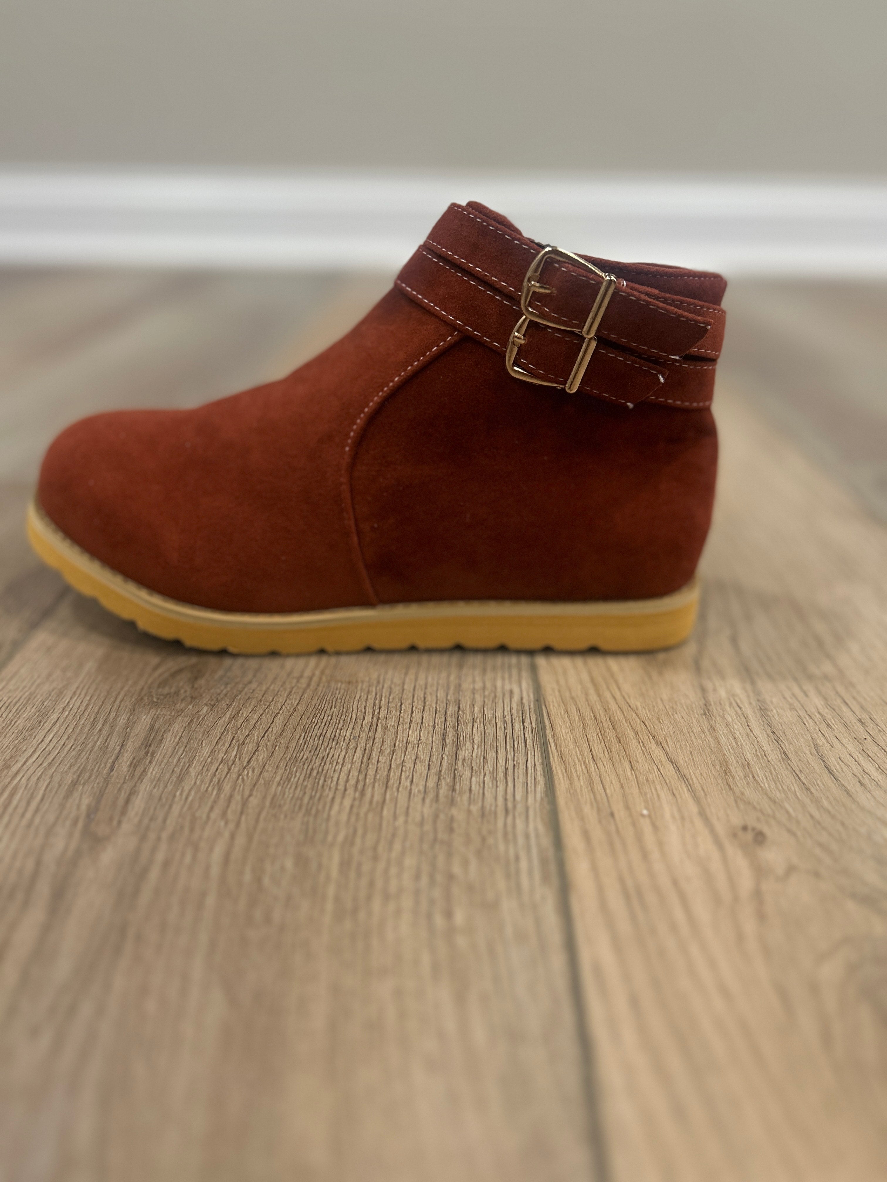 Rust Platform Suede Side Buckle Boots w/ Zipper