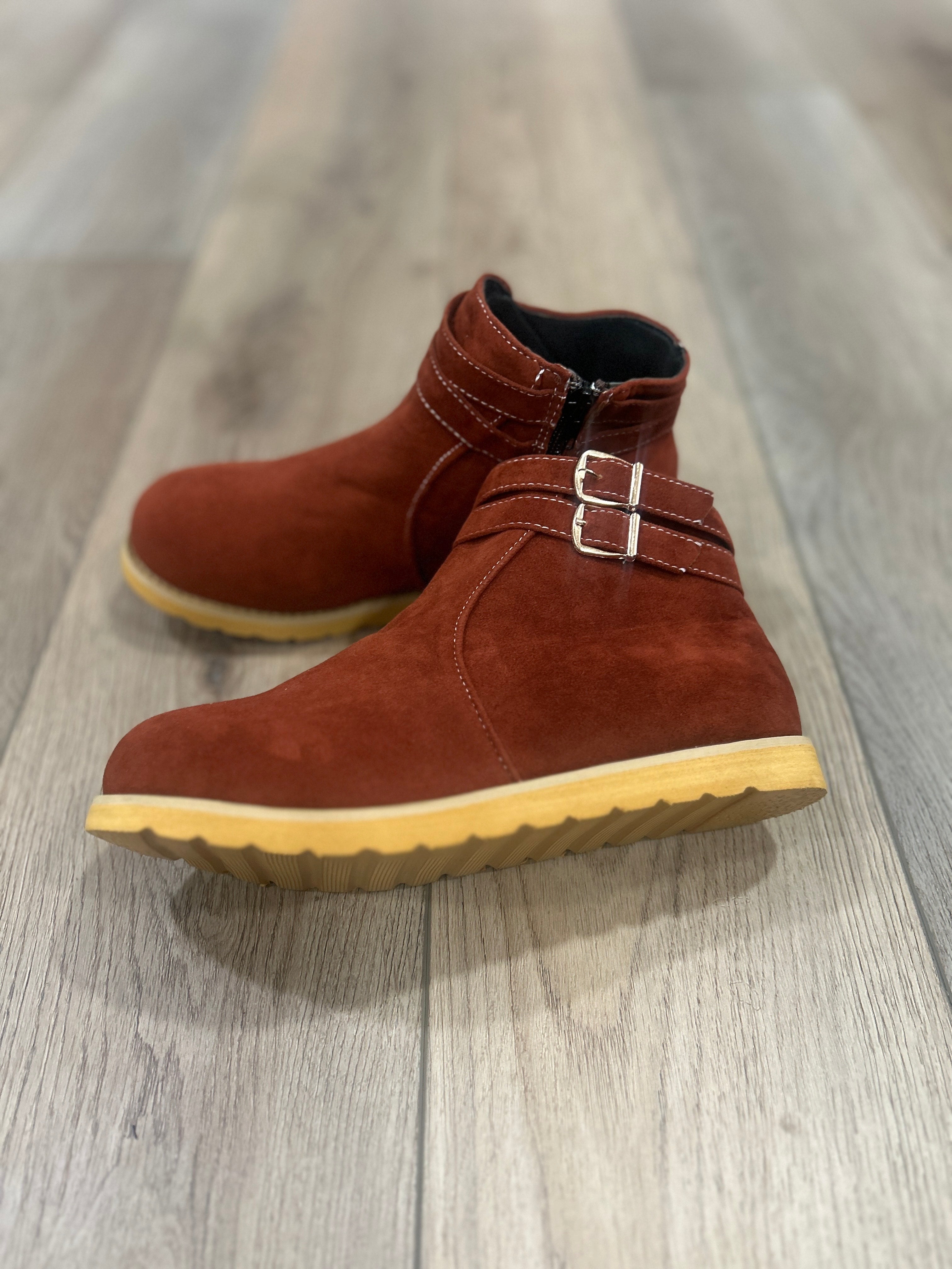 Rust Platform Suede Side Buckle Boots w/ Zipper