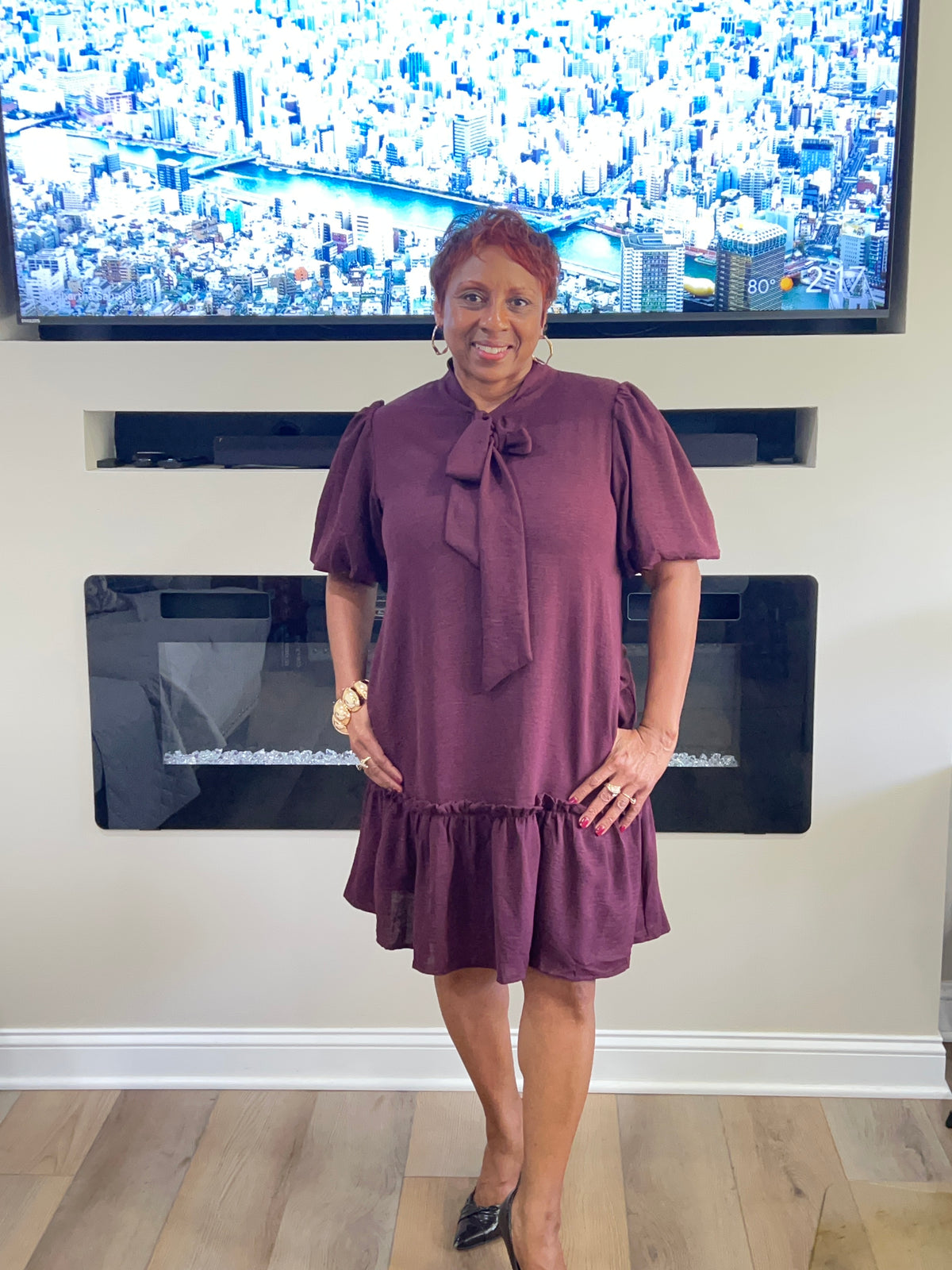 Bow Neck Mini Dress with Puff sleeves and pockets