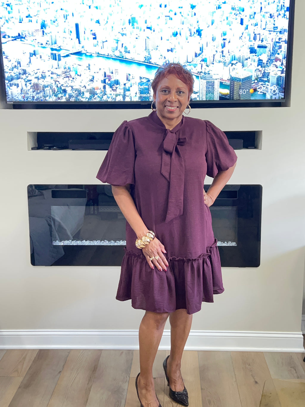 Bow Neck Mini Dress with Puff sleeves and pockets
