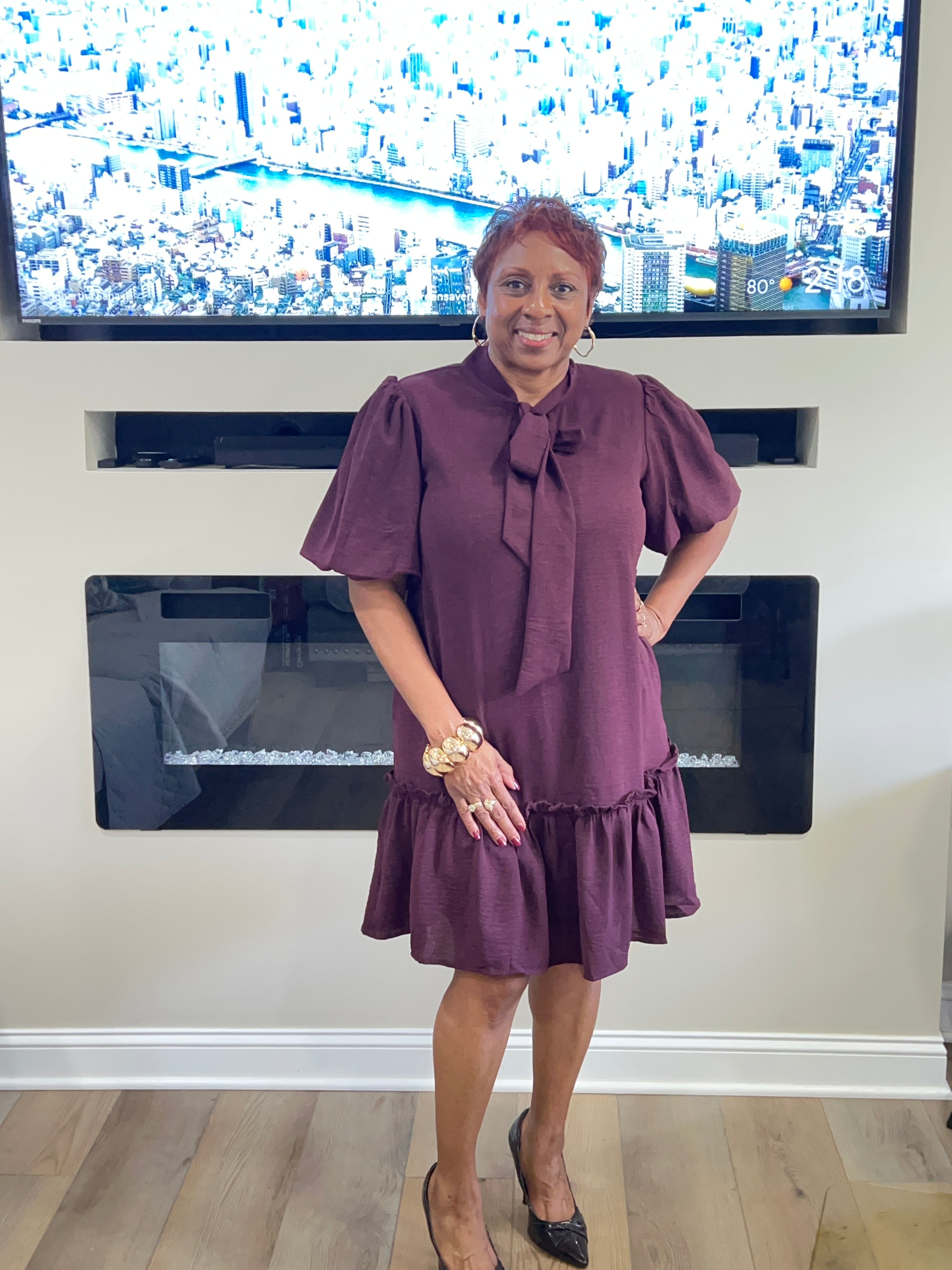 Bow Neck Mini Dress with Puff sleeves and pockets