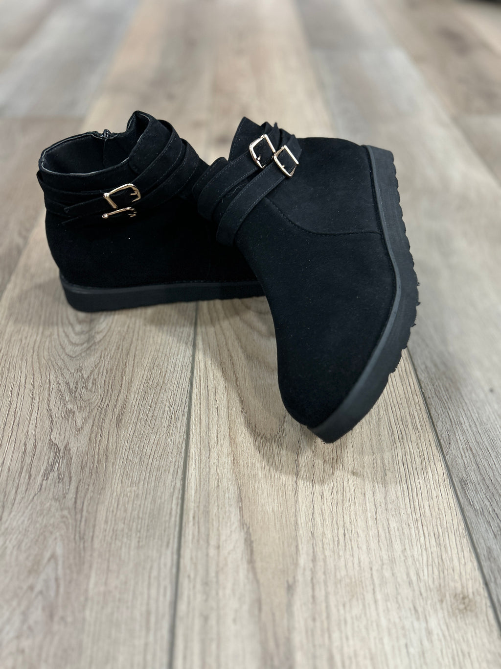Black Platform Suede Side Buckle Boots w/ Zipper