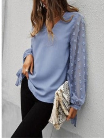 Long Sleeve V-Neck Swiss Dot Top