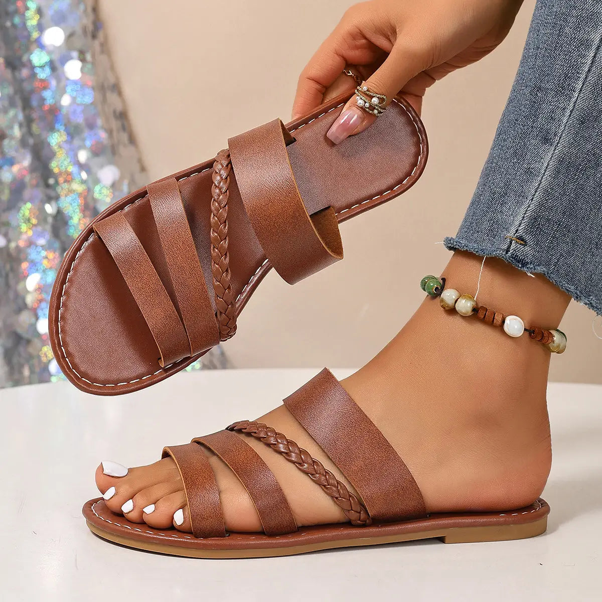 Women Braided Strap Flat Slide Sandals
