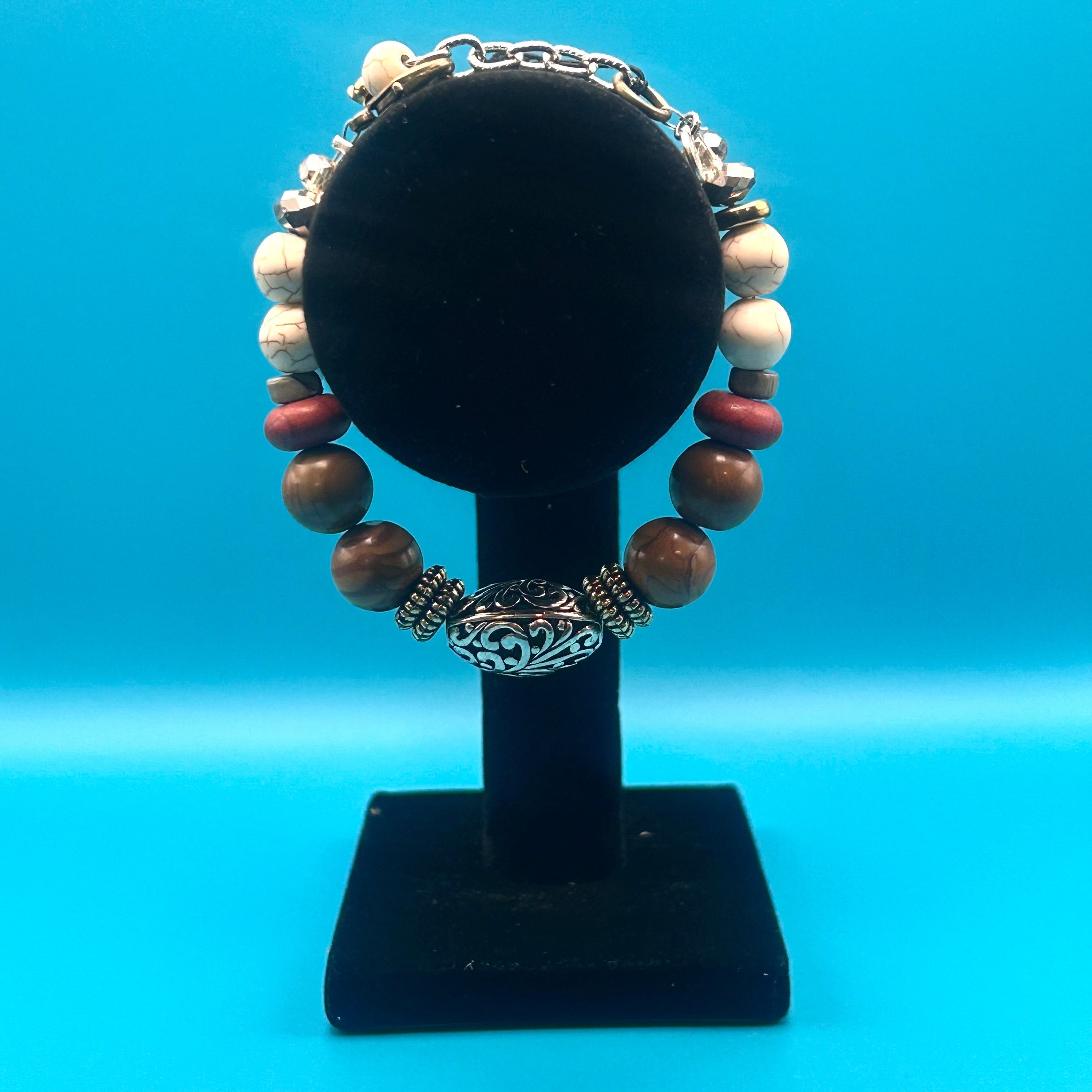 Brown/Beige Beaded Silver Bracelet