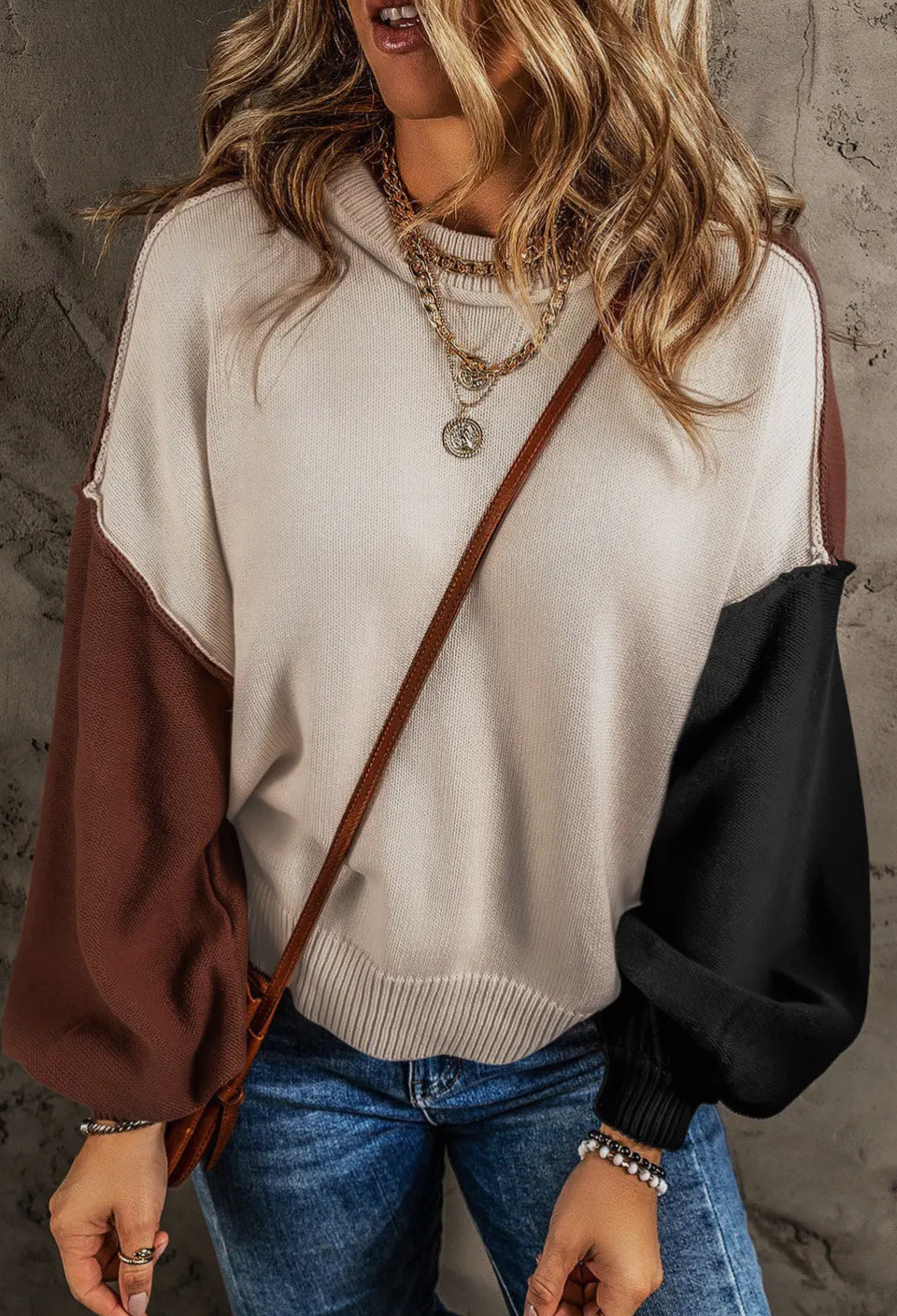 Colorblock Bishop Sleeve Ribbed Knit Sweater