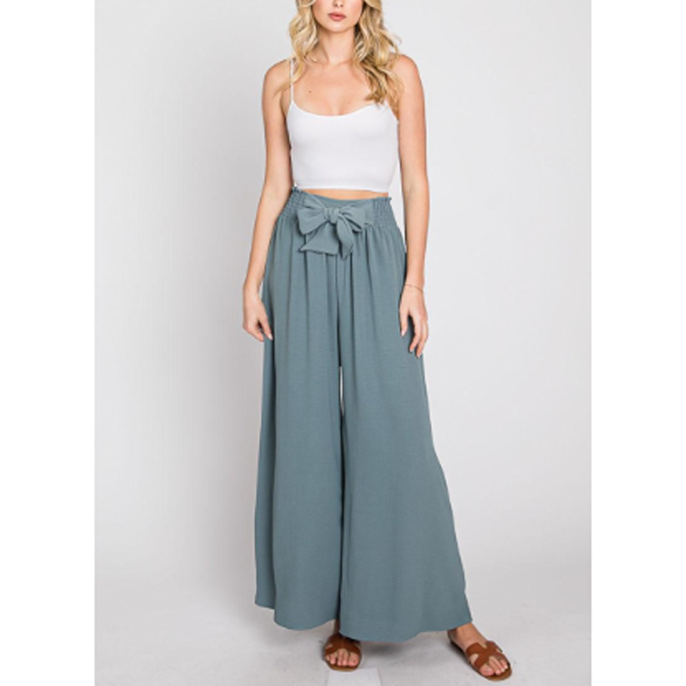 Wide Leg Maxi Pants with Smocking Waist and Front Self Tie