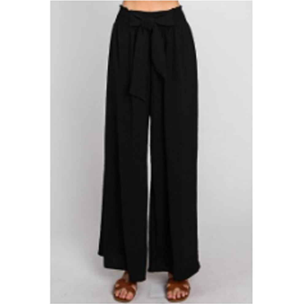 Wide Leg Maxi Pants with Smocking Waist and Front Self Tie